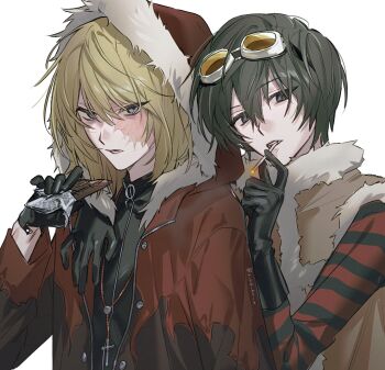 2boys arm_around_shoulder black_gloves black_shirt blonde_hair blue_eyes burn_scar candy chocolate chocolate_bar cigarette commentary_request cross cross_necklace death_note food fur-trimmed_vest fur_trim gloves goggles goggles_on_head grey_eyes grey_hair highres holding holding_chocolate holding_cigarette holding_food jacket jewelry long_sleeves looking_at_viewer male_focus matt_(death_note) medium_hair mello_(death_note) multiple_boys necklace orange-tinted_eyewear parted_bangs parted_lips red_jacket scar shirt simple_background smoking striped_clothes striped_shirt tinted_eyewear unzipped upper_body vest white_background white_fur x_u6_6u_x