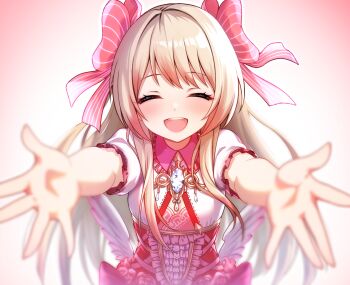 Rule 34 | artist request, bad id, bad pixiv id, blonde hair, blush, chaos marie (grimms notes), cleavage cutout, closed eyes, clothing cutout, corset, diamond necklace, facing viewer, gem, grimms notes, hair ribbon, incoming hug, jewelry, long hair, necklace, open mouth, pink ribbon, red corset, ribbon, smile, teeth, upper teeth only, wings