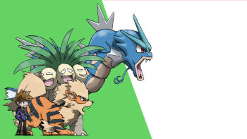 Rule 34 | 1boy, animal focus, arcanine, bag, black eyes, black pants, blacknirrow, blue shirt, bright pupils, brown eyes, brown footwear, brown hair, exeggutor, fangs, from side, full body, gary oak, gen 1 pokemon, green background, grin, gyarados, hand in pocket, hand up, happy, highres, holding, holding poke ball, jewelry, long sleeves, looking to the side, matching hair/eyes, multiple heads, necklace, nintendo, open mouth, pants, poke ball, poke ball (basic), pokemon, pokemon (creature), pokemon rgby, profile, red eyes, shirt, shoes, short hair, shoulder bag, simple background, smile, spiked hair, standing, teeth, two-tone background, v-shaped eyebrows, white pupils