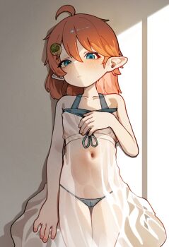 1girl ahoge bare_arms bare_shoulders bikini blue_eyes blush cameltoe closed_mouth collarbone dress flat_chest hair_between_eyes hair_ornament highres kani_fish looking_at_viewer medium_hair navel orange_hair original panties pointy_ears see-through_clothes see-through_dress sleeveless sleeveless_dress solo swimsuit thigh_gap underwear white_dress