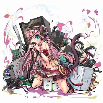 1girl animal_ears apron bare_shoulders biting boots breasts broken_computer broken_monitor brown_boots cable computer computer_keyboard curled_horns fork frilled_skirt frills full_body hair_between_eyes hairband highres himegami_kagura horns kneeing lightning long_hair long_sidelocks looking_at_viewer miniskirt ms06s navel off-shoulder_shirt off_shoulder official_art pink_hair second-party_source sheep_ears sheep_girl sheep_horns shirt short_sleeves sidelocks simple_background skirt solo tablet_pc tail toutetsu_(himegami_kagura) very_long_hair white_apron white_background