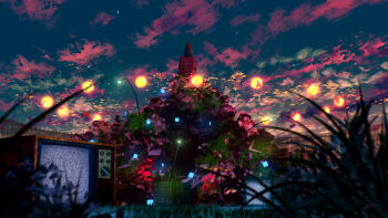 1girl blue_sky blurry blurry_foreground commentary_request crate evening facing_away fence flower from_behind grass highres hood hood_down hoodie japanese_text lamppost moss multicolored_sky original outdoors red_hair red_sky refrigerator road_sign scenery shuu_illust sign signature sitting sky solo static television trash pile_of_trash very_wide_shot wire_fence