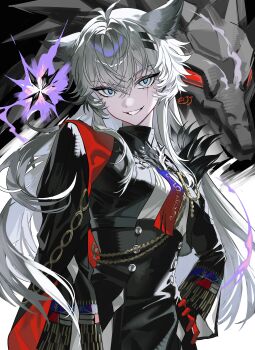 Rule 34 | 1girl, absurdres, animal ear fluff, animal ears, arknights, black cape, black jacket, blue eyes, blue necktie, breasts, buttons, cape, cowboy shot, double-breasted, empty eyes, evil smile, gloves, gradient necktie, grey hair, grin, hand on own hip, highres, jacket, lappland (arknights), lappland the decadenza (arknights), looking at viewer, medium breasts, mevii12345, necktie, red cape, red gloves, red necktie, scar, scar across eye, scar on face, sidelocks, simple background, smile, solo, two-sided cape, two-sided fabric, wolf ears, zaaro (arknights)