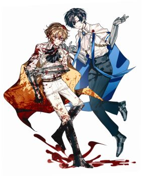 Rule 34 | 2boys, alternate costume, ascot, bishounen, black ascot, black hair, black pants, blonde hair, blood, blood on clothes, blood on face, blood splatter, blue cape, blue eyes, brooch, cape, demian (project moon), formal clothes, full body, highres, jewelry, limbus company, looking at viewer, male focus, multiple boys, n corp. fanatic (identity) (project moon), official alternate costume, pants, project moon, short hair, sigil, simple background, sinclair (project moon), smile, suit, tsuki (haseus2), white ascot, white background, white pants, white suit, yellow cape