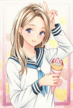 1girl absurdres arm_up blue_neckerchief blue_sailor_collar brown_hair closed_mouth commentary crepe food forehead fruit highres holding holding_crepe holding_food long_hair long_sleeves looking_at_viewer marker_(medium) midori_(mira567) neckerchief original purple_eyes sailor_collar sailor_shirt school_uniform shirt smile solo strawberry strawberry_slice traditional_media upper_body v v_over_head white_shirt