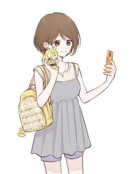 1girl backpack bag bag_charm brown_eyes brown_hair cellphone character_doll charm_(object) commentary_request doll dress dress_over_shirt hariikei holding holding_doll holding_phone itabag jewelry kagamine_rin meiko_(vocaloid) necklace phone selfie short_hair short_sleeves shorts_under_dress sleeveless sleeveless_dress smartphone smile solo vocaloid