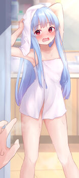 1girl 1other aho_whale armpits arms_up bare_arms bare_shoulders blue_hair blurry blurry_background blush breasts collarbone commentary_request depth_of_field drying drying_hair faucet feet_out_of_frame highres indoors kotonoha_aoi long_hair looking_at_viewer naked_towel nose_blush open_mouth red_eyes sink small_breasts small_sweatdrop solo_focus standing sweat towel towel_on_head very_long_hair voiceroid wavy_mouth