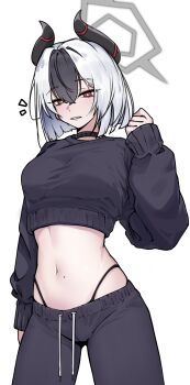 1girl alternate_hair_length alternate_hairstyle black_choker black_horns black_pants black_sweater blonde_hair blue_archive bob_cut breasts bright_pupils choker cropped_sweater crossed_bangs demon_horns drawstring grey_halo guwall hair_between_eyes halo hand_up high-waist_panties highres horns kayoko_(blue_archive) large_breasts light_blush long_sleeves multicolored_hair navel notice_lines pants panty_straps parted_lips red_eyes red_hair sleeves_past_wrists solo sweater sweatpants two-tone_hair white_hair white_pupils