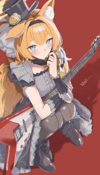 1girl absurdres animal_ear_fluff animal_ears black_hairband black_hat black_headband black_mask black_overskirt black_shoes blue_archive blue_eyes blush cat_ears closed_mouth dress electric_guitar flower fluffy_hair grey_dress guitar hairband halo hand_up hat hat_flower headband highres holding holding_guitar holding_instrument idol idol_clothes instrument long_hair looking_at_viewer low_twintails mari_(blue_archive) mari_(idol)_(blue_archive) mask mask_pull mini_hat mini_top_hat mouth_mask official_alternate_costume orange_hair red_background rose shadow shoes solo squatting tamagore top_hat twintails wrist_wrap yellow_flower yellow_halo yellow_rose