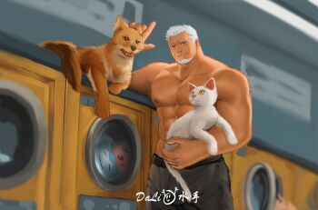 1boy abs bara cat dalilishuishou dark-skinned_male dark_skin dog eyebrow_cut gen_1_pokemon highres indie_virtual_youtuber kirby kirby_(series) large_pectorals laundry looking_at_viewer male_focus mature_male muscular muscular_male nintendo nipples pectorals pokemon rai_bolim scar scar_on_face scar_on_forehead scar_on_nose short_hair smile snorlax solo strongman_waist thick_eyebrows topless_male virtual_youtuber white_hair