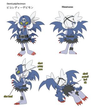 1girl aged_down ankle_belt asymmetrical_gloves barefoot belt black_belt blue_dress blue_gloves blue_mask blue_skin character_name claws colored_skin commentary digimon digimon_(creature) dress english_commentary english_text fangs full_body gloves green_eyes hand_on_own_hip highres kakudrawmon ladydevimon looking_at_viewer low_wings multiple_views multiple_wings open_mouth oridigi pointing_out_the_details pointy_ears red_nails reference_sheet skull_print smile solid_eyes stitched_clothes stitches turnaround twintails white_hair wings