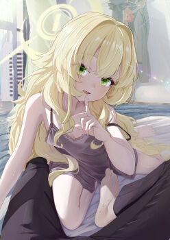 1boy 1girl absurdly_long_hair absurdres bare_arms bare_shoulders barefoot bedroom black_coat black_hair black_nightgown black_pants blonde_hair blue_archive bowtie carpet clothes_hanger coat collarbone eyes_visible_through_hair feet finger_to_mouth fingernails fluffy_hair green_eyes halo hand_up hat head_tilt highres la_la_la_rarmin loli long_hair looking_at_viewer nightgown on_bed open_mouth pants pov pov_legs professor_niyaniya_(blue_archive) shushing side_ahoge sitting smile solo_focus strap_slip sunlight teeth thighs toenails toes unworn_bowtie unworn_coat unworn_hat unworn_headwear upper_teeth_only very_long_hair window wooden_floor yellow_halo