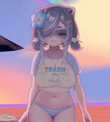 1girl animal_ears animated beach bikini bikini_under_clothes breasts flower hair_flower hair_ornament indie_virtual_youtuber jewelry large_breasts midriff monster_girl necklace pov snuffy_(vtuber) solo swimsuit tagme video virtual_youtuber