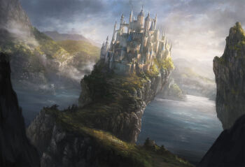 alayna_danner architecture bird castle city cliff cloud cloudy_sky commentary day fantasy flock fog gothic_architecture highres lake landscape no_humans outdoors path road scenery sky water
