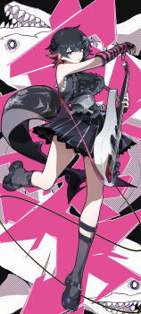 1girl absurdres alternate_costume arm_warmers bare_shoulders black_hair black_shirt black_shoes black_skirt breasts center_frills colored_inner_hair commentary electric_guitar ellen_joe english_commentary fins fish_tail frills guitar highres holding holding_guitar holding_instrument instrument large_breasts leg_up looking_at_viewer mole mole_under_eye multicolored_hair open_mouth postalworks red_eyes scar scar_on_tail shark shark_girl shark_tail shirt shoes short_hair skirt sleeveless sleeveless_shirt solo striped_arm_warmers tail zenless_zone_zero