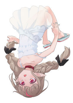 1girl :o bare_legs bare_shoulders barefoot_sandals_(jewelry) black_ribbon blush braid collar collarbone dress falling full_body grey_hair hair_ribbon highres long_hair makaino_ririmu makaino_ririmu_(3rd_costume) multicolored_hair nijisanji open_mouth pointy_ears red_collar red_eyes red_hair ribbon sabamen sandals see-through_clothes simple_background solo strap_slip streaked_hair twin_braids twintails upside-down virtual_youtuber white_background white_dress