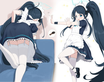 1girl all_fours apron aris_(blue_archive) aris_(maid)_(blue_archive) ass black_dress black_hair black_shoes blue_archive blue_eyes blue_halo comb couch dress facing_away garter_straps halo highres long_hair looking_at_viewer maid maid_headdress multiple_views on_couch open_mouth rectangular_halo shoes short_sleeves side_ponytail sparkle standing standing_on_one_leg thighhighs unamaso very_long_hair white_apron white_garter_straps white_thighhighs
