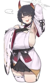 1girl :d ^_^ absurdres armpit_hair armpits black_hair black_skirt blue_archive breasts bridal_gauntlets closed_eyes commentary detached_sleeves earrings grey_halo halo highres hoop_earrings horns huge_breasts japanese_clothes jewelry kimono minishell mole mole_under_eye niya_(blue_archive) open_mouth orange_horns presenting_armpit short_hair simple_background single_thighhigh skirt smile solo thighhighs thighs white_background white_kimono white_sleeves white_thighhighs wide_sleeves