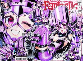 1boy 1girl alternate_costume barcode black_boots black_dress black_hair blunt_bangs boots breasts chibi chibi_inset cleavage commentary double_v dress fantastic_four father_and_daughter galacta galactus gloves grin hashtag-only_commentary helmet highres long_hair looking_at_viewer marvel marvel_rivals medium_breasts multicolored_dress multiple_views one_eye_closed open_mouth pink_eyes purple_dress purple_gloves purple_helmet purple_thighhighs smile solo solo_focus strapless strapless_dress sunao_saito symbol-only_commentary thighhighs v