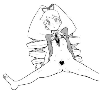 1girl bad_id barefoot blush bottomless censored drill_hair flat_chest greyscale heart heart_censor heriyama loli long_hair looking_at_viewer luna_platz_(mega_man) mega_man_(series) mega_man_star_force_(series) monochrome navel nipples simple_background sitting twin_drills very_long_hair white_background