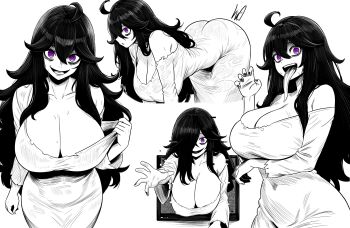 1girl @_@ absurdres ahoge alternate_breast_size_(larger) ass bags_under_eyes black_hair breasts cleavage closed_mouth collarbone cosplay dress greyscale hair_between_eyes hair_over_one_eye hex_maniac_(pokemon) hex_maniac_(pokemon_xy) highres huge_breasts large_breasts long_dress long_hair long_sleeves looking_at_viewer lughost messy_hair monochrome nintendo open_mouth pokemon pokemon_xy purple_eyes signature simple_background smile solo television the_ring through_medium through_screen very_long_hair white_background white_dress yamamura_sadako yamamura_sadako_(cosplay)