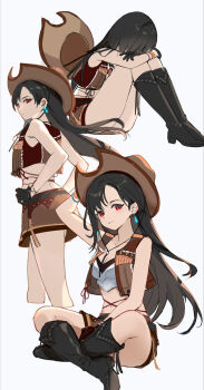 1girl bare_shoulders black_footwear black_gloves black_hair boots breasts brown_hat brown_skirt brown_vest cleavage closed_mouth commentary_request cowboy_boots cowboy_hat crisis_core:_final_fantasy_vii crop_top cropped_legs crossed_legs earrings final_fantasy final_fantasy_vii final_fantasy_vii_rebirth final_fantasy_vii_remake from_side full_body gloves hand_on_headwear hands_on_own_hips hat head_between_knees high_heel high_heel_boots high_heels highres hugging_own_legs indian_style jewelry knee_boots knees_up long_hair looking_at_viewer medium_breasts midriff miniskirt multiple_views navel official_alternate_costume red_eyes rero_(bigdoorbig2) single_earring sitting skirt smile tifa_lockhart tifa_lockhart_(cowgirl) very_long_hair vest white_background