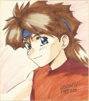 Rule 34 | 1997, 1boy, beast warriors gulkeeva, blue eyes, brown hair, highres, hirai hisashi, red shirt, shikishi, shirt, signature, wild knights gulkeeva