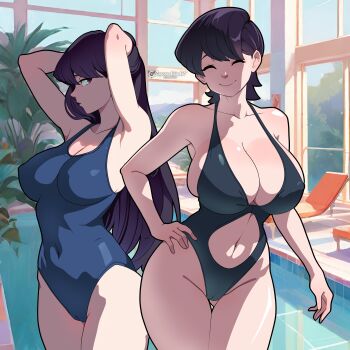 Rule 34 | 2girls, absurdres, armpits, arms up, bare shoulders, black hair, black one-piece swimsuit, breasts, cameltoe, chair, cleavage, closed eyes, clothing cutout, covered erect nipples, cowboy shot, hand on own hip, highleg, highleg one-piece swimsuit, highres, huge breasts, indoors, komi-san wa komyushou desu, komi shouko, komi shuuko, large breasts, long hair, mature female, mother and daughter, multiple girls, navel, navel cutout, one-piece swimsuit, plant, pool, profile, short hair, smile, superaxlart, swimsuit