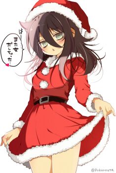 1girl belt belt_buckle black_belt black_hair blush buckle commentary_request cowboy_shot dress green_eyes hair_between_eyes hat heart highres kuroki_tomoko long_hair long_sleeves looking_at_viewer open_mouth pokuron red_dress red_hat santa_costume santa_dress santa_hat skirt_hold solo speech_bubble translation_request twitter_username watashi_ga_motenai_no_wa_dou_kangaetemo_omaera_ga_warui! white_background