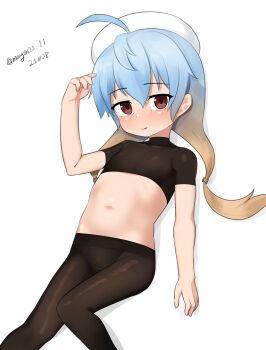 1girl absurdres ahoge black_pantyhose black_shirt blonde_hair blue_hair brown_eyes feet_out_of_frame flat_chest gradient_hair hat highres kantai_collection low_twintails maru_(marg0613) midriff multicolored_hair one-hour_drawing_challenge pantyhose sado_(kancolle) sailor_hat shirt simple_background solo twintails undershirt white_background white_hat