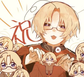 1boy ahoge axis_powers_hetalia blonde_hair canada_(hetalia) chibi commentary_request glasses highres holding holding_stuffed_toy illu_sion_i purple_eyes solo stuffed_animal stuffed_toy triangle_mouth worried