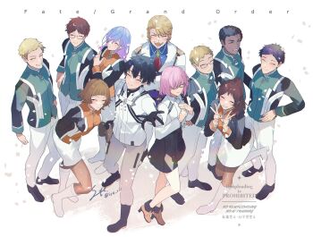 4girls 6+boys black_boots black_hair blonde_hair boots brown_hair brown_pantyhose cerejeira_elron chaldea_uniform closed_eyes confetti copyright_name dark-skinned_male dark_skin double_v facial_hair fate/grand_order fate_(series) fujimaru_ritsuka_(male) fujimaru_ritsuka_(male)_(decisive_battle_chaldea_uniform) glasses goredolf_musik hair_over_one_eye hands_on_own_hips highres jingle_abel_meuniere mash_kyrielight multiple_boys multiple_girls mustache pantyhose ponytail purple_hair smile syerii v white_boots