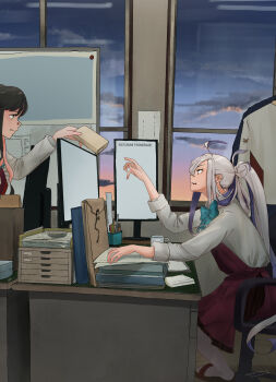 2girls ahoge asashimo_(kancolle) black_hair cabinet chair coffee_mug computer cup desk file_cabinet grey_hair hair_over_one_eye highres indoors kantai_collection kazagumo_(kancolle) kuragare long_hair monitor mug multicolored_hair multiple_girls naganami_(kancolle) office office_chair pink_hair ponytail ruler school_uniform sunset swivel_chair two-tone_hair wavy_hair
