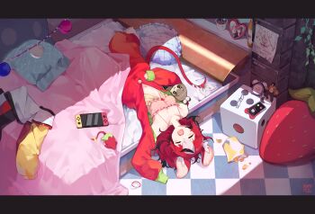 1girl absurdres animal_ears babydoll bag_of_chips barefoot bedroom black_hair bow breasts cellphone cleavage colored_tips commentary controller english_commentary feet front_slit game_controller hakos_baelz hakos_baelz_(strawberry_onesie) highres holding holding_unworn_clothes hololive hololive_english indoors letterboxed lying majima_goro medium_hair mori_calliope mouse_ears mouse_girl mouse_tail mr._squeaks_(hakos_baelz) multicolored_hair namiorii nanashi_mumei navel official_alternate_costume on_back on_bed onesie open_mouth phone pink_babydoll red_hair round_eyewear ryuu_ga_gotoku_(series) single_sleeve_past_fingers single_sleeve_past_wrist small_breasts smartphone solo streaked_hair tail tail_bow tail_ornament teardrop-framed_glasses toes unworn_eyewear virtual_youtuber white_hair