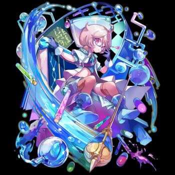 :o ahoge bell belt black_background blue_boots blue_gloves blue_hat blue_shorts bob_cut book boots bottle brown_belt coat crop_top cymerica_(merc_storia) flask full_body gloves green_sweater hair_between_eyes hat highres looking_at_viewer merc_storia merc_storia_art_team motion_lines navel official_art open_clothes open_coat pink_eyes pink_hair purple_water rod shell_casing short_hair short_sleeves shorts simple_background sitting solo spilling sweater tachi-e test_tube white_coat