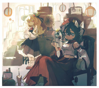 2girls absurdres ankle_socks ascot bare_shoulders black_hat blonde_hair border bow breasts brown_dress commentary_request detached_sleeves dolls_in_pseudo_paradise dress expressionless flat_cap flower frilled_ascot frilled_hat frills hair_bow hat hat_feather highres holding holding_smoking_pipe interlocked_fingers jacket_girl_(dipp) label_girl_(dipp) lamp long_hair long_skirt long_sleeves looking_at_viewer mary_janes medium_breasts medium_hair midriff multiple_girls navel newsboy_cap phonograph pingfengtan plant potted_plant purple_eyes purple_hair red_ascot red_eyes red_shoes red_skirt rose shirt shoes side_ponytail sitting skirt small_breasts smoking_pipe socks stairs standing touhou wavy_hair white_border white_shirt white_sleeves white_socks wide_sleeves