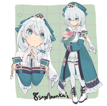 1girl 8sayo7_(8sayo7honkai) artist_name bare_shoulders blue_eyes blue_sleeves boots bouquet braid closed_mouth commentary_request detached_sleeves dress flower frills green_background grey_hair grid_background hair_between_eyes hands_up honkai_(series) honkai_impact_3rd hugging_object long_hair long_sleeves looking_to_the_side multiple_views pantyhose pink_flower smile steepled_fingers theresa_apocalypse theresa_apocalypse_(astralop) white_boots white_dress white_flower white_pantyhose