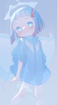 1girl absurdres blue_eyes blue_hair captaintcher dress flat_chest halo highres looking_at_viewer original pantyhose see-through_silhouette short_hair smile solo tenshi_kaiwai white_pantyhose