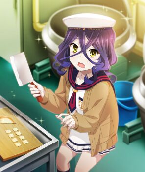 1girl anchor_symbol bags_under_eyes black_sailor_collar black_socks brown_cardigan bucket cardigan check_food cleaver cutting_board dot_nose food_request game_cg hair_between_eyes haji_keiko hat holding holding_cleaver industrial_pipe kneehighs long_sleeves looking_at_viewer medium_hair official_art onion open_cardigan open_clothes open_mouth pale_skin purple_hair sailor sailor_collar sailor_hat sailor_shirt shirt skirt socks solo sparkle table tearing_up third-party_source toji_no_miko toji_no_miko:_kizamishi_issen_no_tomoshibi wavy_hair wavy_mouth white_hat white_shirt white_skirt yellow_eyes