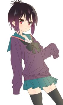 1girl a_channel ahoge black_hair black_thighhighs closed_mouth dot_nose feet_out_of_frame female_focus himahari_neru ichii_tooru long_sleeves looking_at_viewer ribbon sailor_collar school_uniform serafuku shiny_skin short_hair simple_background skirt sleeves_past_wrists solo sweater thighhighs thighs white_background