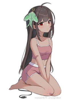 1girl barefoot black_hair brown_hair closed_mouth crop_top hair_ornament highres long_hair midriff original pink_shirt pink_shorts plug red_eyes shirt shorts solo stomach vickie_(cryingrobot) vickie_(cryingrobot)_(character) white_background