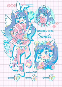 Rule 34 | 1girl, animal ears, armor, black hair, blue hair, blush stickers, bow, bowtie, bubble, chibi, chibi inset, commentary request, drop shadow, english text, fake animal ears, fire, full body, gradient hair, greaves, grid background, health bar, highres, hiro046k, holding, holding wand, long hair, looking down, magical girl, multicolored hair, open mouth, original, pink bow, pink bowtie, pink sailor collar, pink skirt, pleated skirt, rabbit ears, sailor collar, shirt, shoes, short sleeves, single vambrace, skirt, smile, star-shaped pupils, star (symbol), symbol-shaped pupils, twintails, twitter username, vambraces, very long hair, wand, white background, white shirt, white shoes