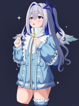 1girl absurdres amane_kanata angel angel_wings blue_hair blue_jacket blue_nails blue_theme blush colored_inner_hair commentary_request feathered_wings four-pointed_star frilled_jacket frilled_sleeves frills gradient_wings grey_hair hair_ornament halo hands_up highres hololive jacket llue long_hair long_sleeves looking_up mini_wings multicolored_hair multicolored_wings official_alternate_hair_length official_alternate_hairstyle open_mouth purple_eyes ribbon single_hair_intake single_thighhigh solo sparks star_(symbol) star_halo streaked_hair tenshi_kaiwai thighhighs thighs turtleneck turtleneck_jacket virtual_youtuber wings zipper zipper_pull_tab