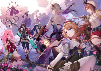 3boys 6+girls ahoge animal_ears antje_moltke armor asymmetrical_sleeves atelier_(series) atelier_escha_&amp;_logy atelier_resleriana atelier_ryza backless_outfit bandaged_arm bandages belt black_gloves black_hair black_shorts black_thighhighs blonde_hair blue_coat blue_eyes blue_hair blue_pants book braid braided_ponytail breasts broken_horn brown_eyes brown_hair brown_jacket brown_pants capelet cat_ears choker clothing_cutout coat criselda_(atelier) johanna_(atelier) crown demon_horns detached_sleeves dress dual_wielding eyepatch fingerless_gloves floating floating_island flower frilled_dress frills geron_diesel gloves hair_between_eyes hair_ornament hairclip hat holding holding_polearm holding_staff holding_umbrella holding_weapon horns jacket jewelry juliet_sleeves lantern lara_trockel logix_ficsario long_sleeves looking_at_another looking_back medium_breasts mismatched_sleeves multicolored_hair multiple_belts multiple_boys multiple_girls necklace noco_(adamas) o-ring official_art open_mouth pale_skin pants pauldrons pink_choker pink_eyes pink_hair polearm pouch promotional_art puffy_sleeves purple_coat purple_hair red_dress red_eyes red_shorts reisalin_stout resna_sternenlicht ruins shirt short_hair short_shorts shorts shoulder_armor sideboob single_pauldron sitting small_breasts staff standing star_(symbol) star_choker streaked_hair sword thigh_pouch thigh_strap thighhighs thighs tokki two-tone_hair umbrella umiu_geso valeria_(atelier) walther_mann weapon white_dress white_hair white_headwear white_jacket white_shirt white_thighhighs yellow_eyes zettai_ryouiki