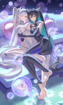 Rule 34 | 2girls, absurdres, aqua hair, armpits, artist name, ass, asymmetrical docking, bare shoulders, barefoot, black bodysuit, black hair, black nails, blonde hair, blue hair, blush, bodysuit, breast press, breasts, breasts apart, bubble, cinderella (nikke), cleavage, closed mouth, clothing cutout, colored inner hair, commentary request, couch, doro (nikke), dot nose, feet, fingernails, floor, frilled pillow, frills, full body, goddess of victory: nikke, grabbing another's breast, grave (nikke), green hair, gretel (nikke), groping, hair between eyes, hair intakes, hair over one eye, hansel (nikke), heart, heart-shaped pillow, highres, hood, hood up, hug, large breasts, little mermaid (nikke), long hair, looking at viewer, multicolored hair, multiple girls, nail polish, old tales (nikke), on couch, one eye covered, open mouth, pillow, rare lemon, red eyes, see-through bodysuit, see-through cleavage, see-through clothes, signature, smile, soles, spread legs, stomach, stomach cutout, tile floor, tiles, toenails, toes, twintails, very long hair, white bodysuit, white hair, yellow eyes, yuri