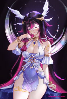 1girl adapted_costume alternate_breast_size_(larger) artist_name bare_shoulders black_hair blue_dress blue_gem blush bracelet breasts cleavage closed_eyes closed_mouth columbina_(genshin_impact) commentary dress eye_mask gem genshin_impact hair_ornament hand_up highres jewelry large_breasts long_hair long_sidelocks mask multicolored_hair no_panties paid_reward_available purple_hair sidelocks smile solo tomatolaccoon very_long_hair wing_hair_ornament