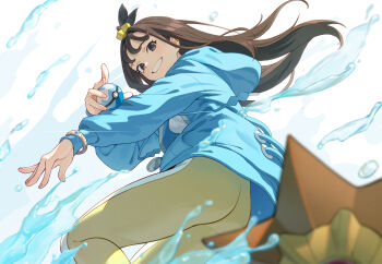 1girl absurdres ass blue_hoodie bracelet brown_hair commentary cube_hair_ornament dive_ball eyelashes gen_1_pokemon grin hair_ornament happy hepa highres holding holding_poke_ball hood hood_down hoodie jewelry leggings lida_(pokemon) long_hair nintendo poke_ball pokemon pokemon_(creature) pokemon_legends:_z-a sidelocks smile staryu teeth topknot water water_drop white_background
