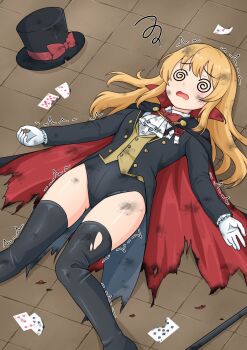 1girl @_@ black_boots black_cloak black_hat black_jacket black_leotard black_thighhighs boots bow bowtie brown_vest cane card cloak commission dirty gloves hat highres jacket leotard leotard_under_clothes long_hair lying multicolored_cloak on_back on_floor open_mouth original phantom_thief phantom_thief_(kkmomo67) playing_card red_bow red_bowtie red_cloak shirt skeb_commission solo thigh_boots thighhighs thighs tile_floor tiles top_hat torn_cloak torn_clothes trembling two-sided_cloak two-sided_fabric two-tone_cloak unconscious unworn_hat unworn_headwear vest white_gloves white_shirt zebeltuku_12