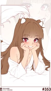 1girl absurdres animal_ear_fluff animal_ears blunt_bangs blush breasts brown_hair cleavage clenched_teeth commentary hands_on_own_cheeks hands_on_own_face highres holo likunea long_hair looking_at_viewer lying medium_breasts on_stomach patreon_logo patreon_username red_eyes single_off_shoulder smile spice_and_wolf tail teeth twitter_username twitter_x_logo wolf_ears wolf_girl wolf_tail zoom_layer