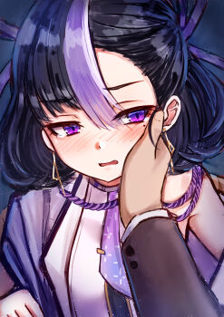 1boy 1girl absurdres bare_shoulders black_hair blush commander_(nikke) earrings goddess_of_victory:_nikke hair_between_eyes hand_on_another's_cheek hand_on_another's_face highres jewelry jimpu6 light_particles long_sleeves looking_to_the_side mole mole_under_eye multicolored_hair open_mouth purple_eyes purple_hair sleeveless solo_focus standing streaked_hair syuen_(nikke)